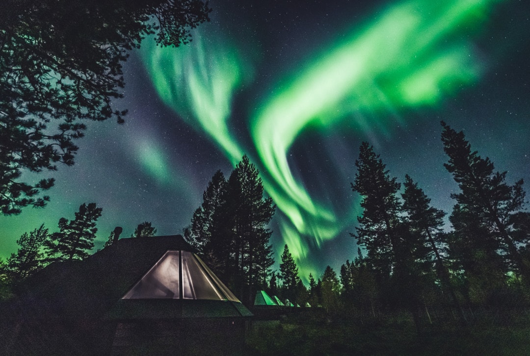 Northern Lights over Aurora Village Hotel in ivalo Lapland Finland 27.09.2019. Photo by Alexander Kuznetsov / Aurora Hunting.